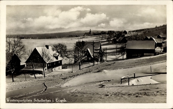 Ak Schellerhau Altenberg im Erzgebirge, Wintersportplatz, schneebedeckte Landschaft, Gebäude, Bäu