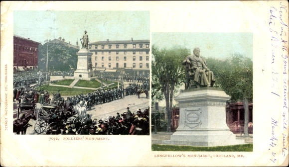 Ak Portland Maine de V.S., Militairengedenkteken, Gedenkteken Longfellows