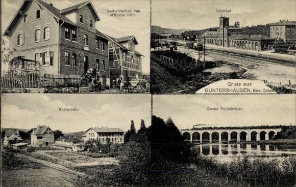Postcard Guntershausen Baunatal in Hesse, train station, track side, restaurant, Marienheim, Fulda Bridge