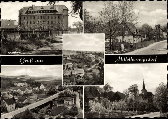 Postcard Mittelherwigsdorf in Oberlausitz, retirement home, church, panorama