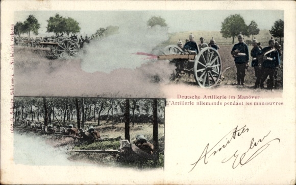 Postcard German Army, German artillery in maneuvers