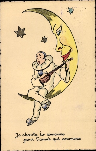 Postcard Je chante la romance, Pierrot with lute on the crescent moon