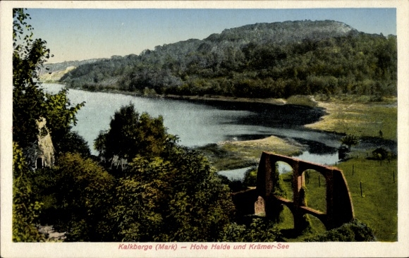 Ak Kalkberge Rüdersdorf in der Mark, Landschaft mit Hügeln, Krämer-See, historische Brücke
