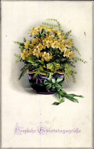 Postcard Happy Birthday, flowerpot with bow, primroses