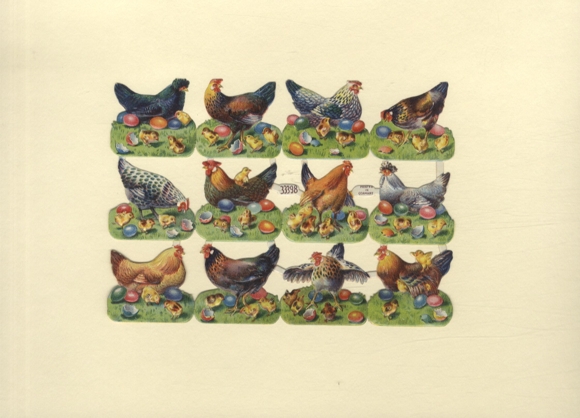 Oblate complete block, chickens with colored eggs