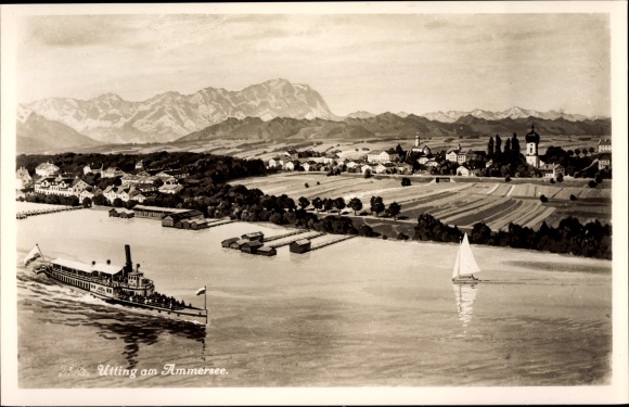 Postcard Utting am Ammersee, village with a saloon steamer and the Alps