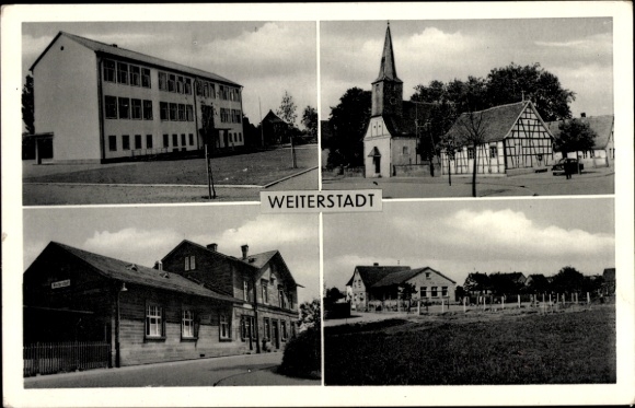 Postcard Weiterstadt in Hessen, partial views, church, half-timbered house
