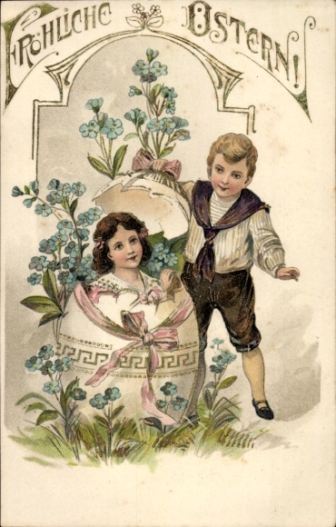 Ak Glückwunsch Ostern, Kinder, Mädchen im Osterei, Vergissmeinnicht