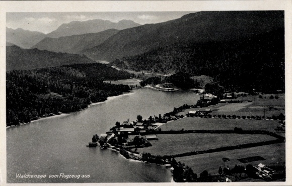 Postcard Walchensee Kochel am See, aerial view of Lake Walchen, surrounded by mountains and forests