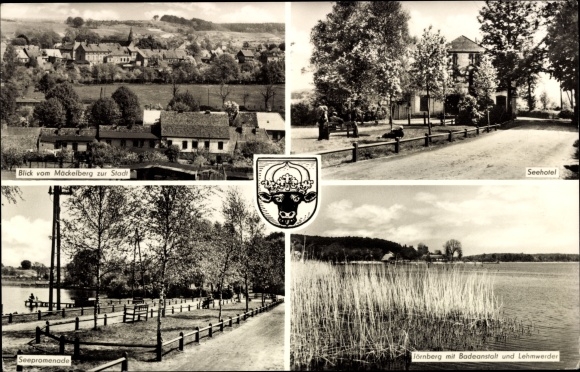 Postcard Krakow am See, Möckelberg, Seehotel, Jörnberg, Seepromenade, coat of arms