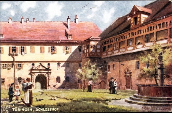 Artist PC Flower, Charles E., Tübingen am Neckar, courtyard, fountain, Tuck