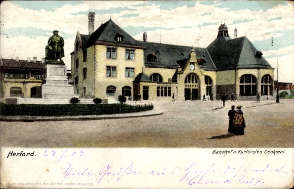 Ak Herford in Westfalen, Bahnhof, Straßenansicht, Kurfürsten-Denkmal