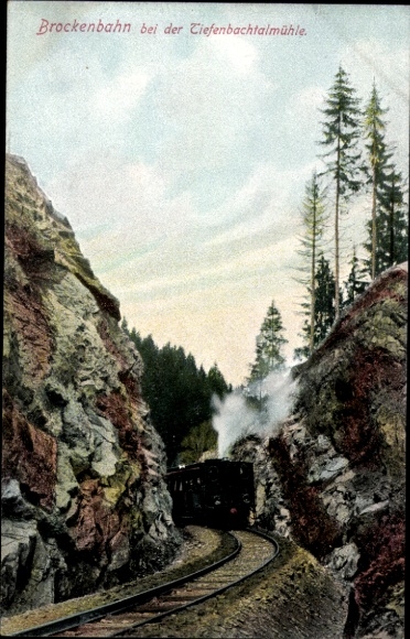 Ak Brocken Nationalpark Harz, Brockenbahn bei der Tiefenbachtalmühle, Dampflok