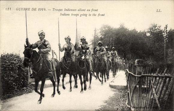Postcard Indian troops on their way to the front, rider, WWI, 1914