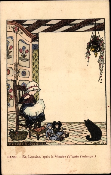 Artist PC Hansi, Jean Jacques Waltz, Lorraine, En Lorraine, après la Victoire, girl, cat