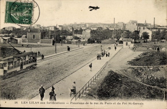 Ak Les Lilas Seine Saint Denis, Panorama der Straße, Straßenbahn, Menschen, Flugzeug, Les Lilas