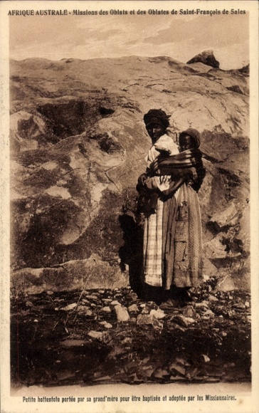 Postcard little Hottentot girl, brought to the mission by her grandmother for baptism and adoption