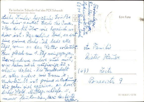 Postcard Schaderthal Probstzella in Thuringia, holiday home PCK Schwedt, Kombinatsbetrieb Zeitz
