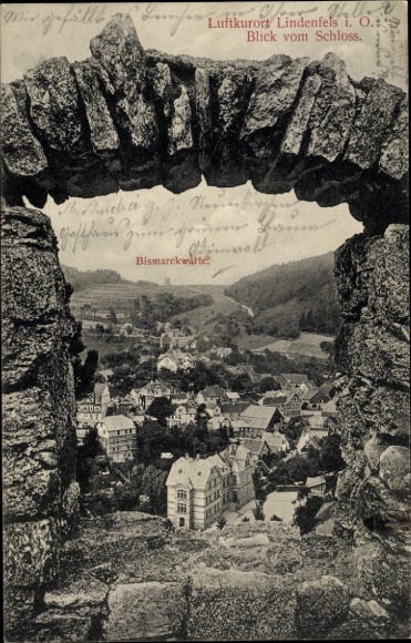 Postcard Lindenfels in the Odenwald Hesse, view through the remains of the wall, window arch, Bismarckwarte