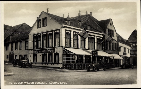 Postcard Adenau in the Eifel, hotel to the wild pig, automobiles