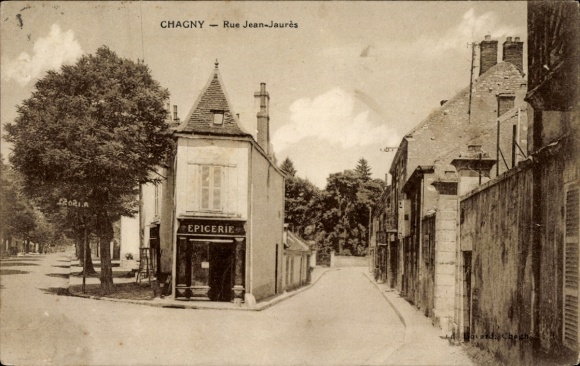 Ak Chagny Saône et Loire, Rue Jean-Jaurès, Epicerie, Bäume, Straßenansicht