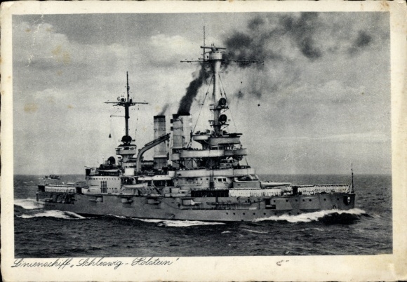 Postcard German warship, battleship Schleswig Holstein, Kriegsmarine
