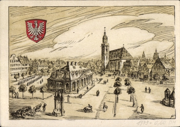 Artist Postcard Frankfurt am Main, at the Hauptwache, church, draw well, coat of arms