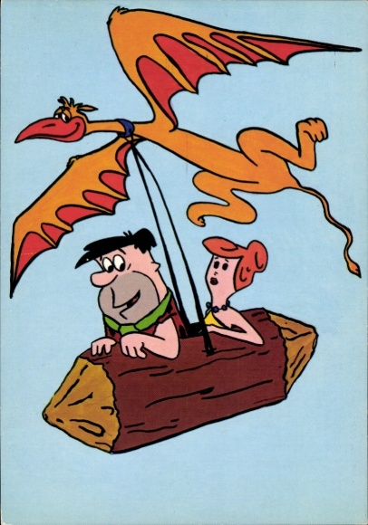 Postcard the Flintstones, Fred, Wilma, pterosaurs