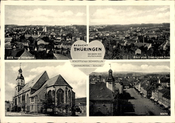 Postwaardestuk Ak Schmölln in Thüringen, uitzicht vanaf de Ernst Agnes-toren, markt, stadskerk