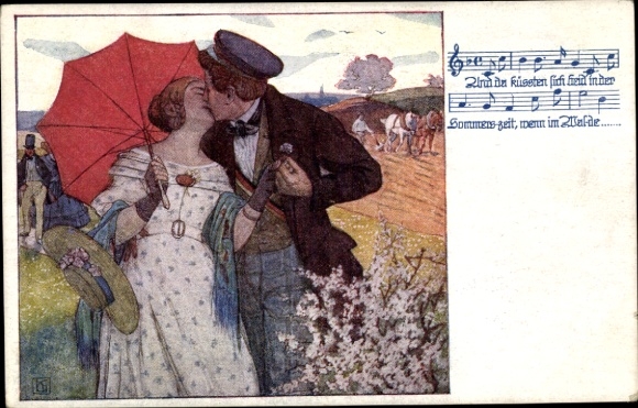 Song Artist Postcard And there they kissed..., Lovers, Woman with a parasol