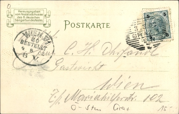 Embossed Chromo-Litho Graz Styria, 6th German Singers&#39; Festival 1902, Festhalle