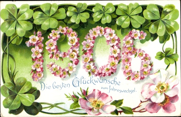 Embossed PC Happy New Year, year 1906, clover leaves