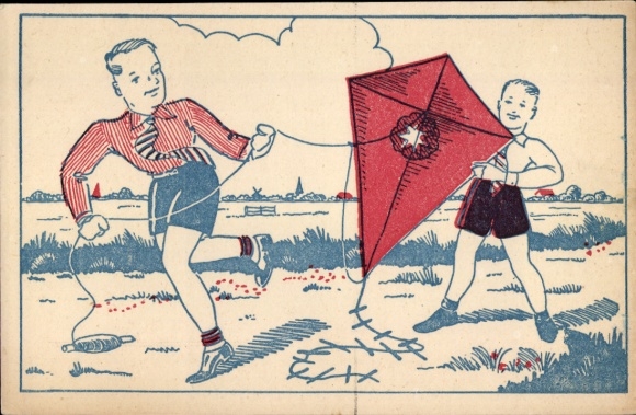 Artist Postcard Two boys play with a kite