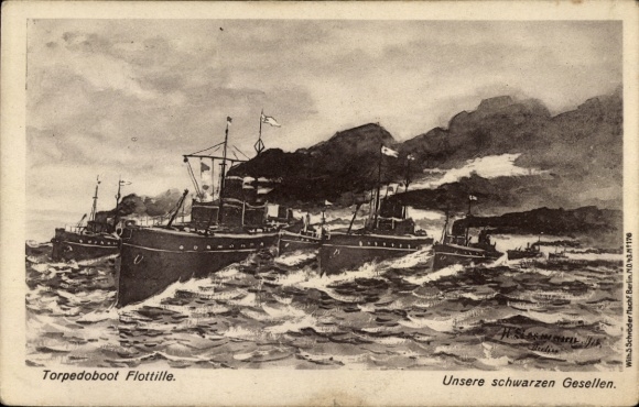 Künstler Ak Deutsche Kriegsschiffe, Torpedoboot Flotille, Unsere schwarzen Gesellen