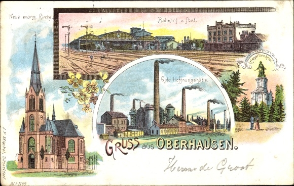 Litho Oberhausen am Rhein, Gute Hoffnungshütte, evangelische Kirche, Bahnhof, Gleisseite, Post