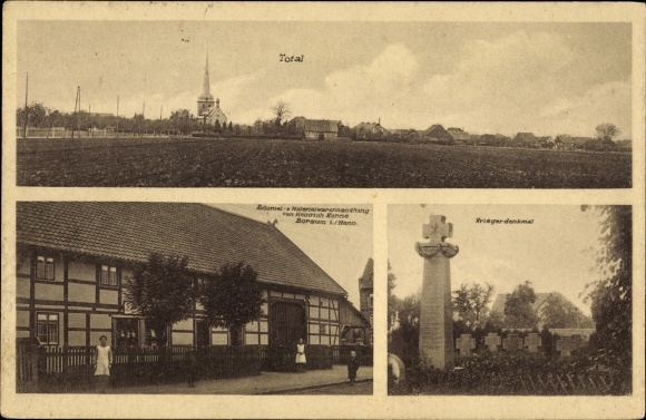 Postcard Borsum Harsum in Lower Saxony, war memorial, grocery store, total view