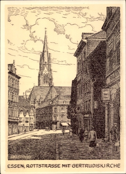 Künstler Ak Essen im Ruhrgebiet, Rottstraße, Gertrudiskirche