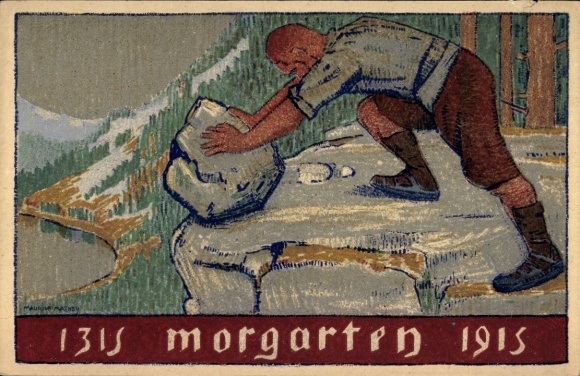 Artykuły pocztowe KP Morgarten Oberägeri Canton Zug, człowiek, skała, kamień