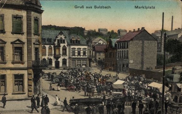 KP Sulzbach am Main Dolna Frankonia, rynek, tłum, budynki, samochody, pozdrowienia z Sulzbach