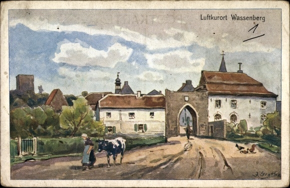 Künstler Ak Grothe, J., Wassenberg Nordrhein Westfalen, Straßenpartie, Tor, Bäuerin mit Kuh