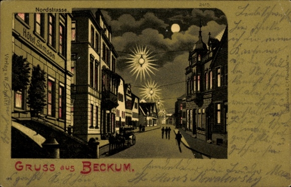 Mondschein Litho Beckum im Kreis Warendorf, Nordstraße mit Hotel Samson