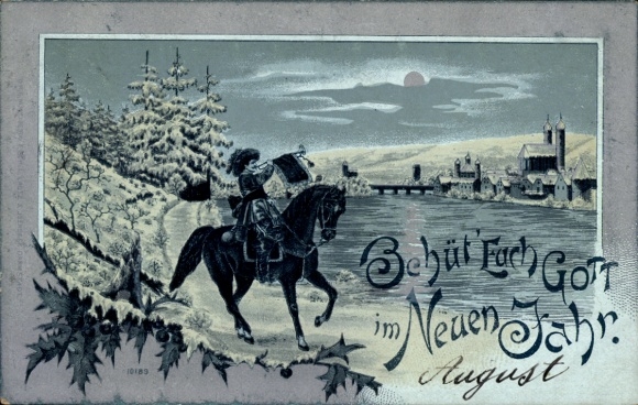 Moonlight Chromo-Litho Trumpeter of Säckingen, God bless you, Happy New Year