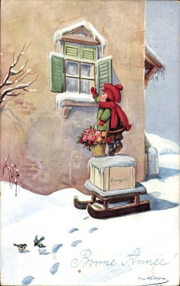 Artist Postcard Happy New Year, child with flower basket at window