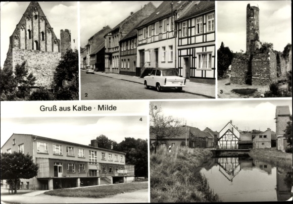 Postcard Kalbe in Saxony Anhalt, castle ruins, crèche, on the Milde, Rathausstrasse