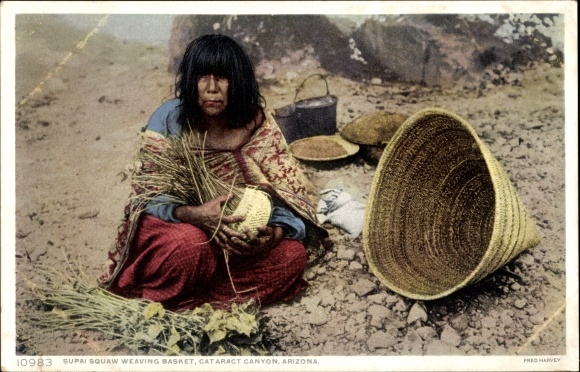 Postcard Supai Arizona, Cataract Canyon, Native American basket weaver