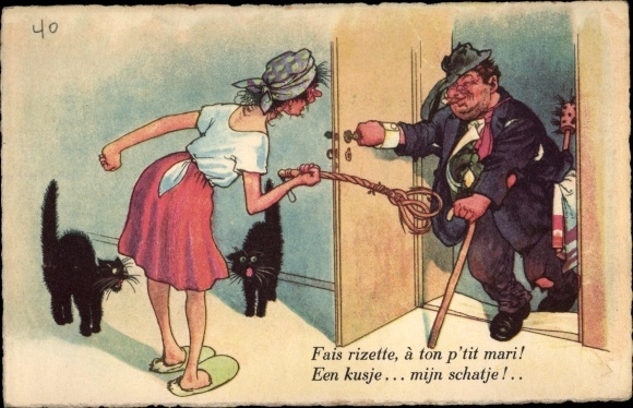 Artysta KP Angry żona otrzymuje pijanego męża, czarne koty