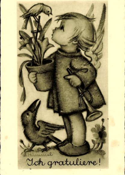 Künstler Ak Hummel, Berta, Ich gratuliere, Mädchen mit Blumentopf, Trompete, Vögel, Nr. 4428