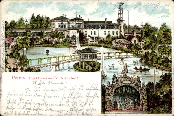 Chromo-Litho Peine in Lower Saxony, parking garage, ponds, owner: Mrs. Almstadt