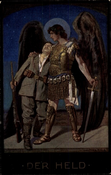 Artist Postcard Firle, Walther, The Hero, Soldier, Archangel Gabriel, Sword, Bavarian Sacrifice Day 1917, World War I