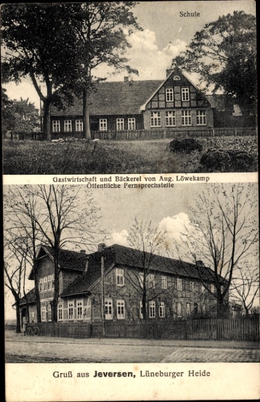 Ak Jeversen Wietze Niedersachsen, Schule, Gastwirtschaft und Bäckerei Aug. Löwekamp